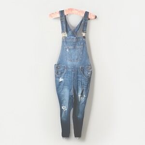 Blue Spice Denim Bib Overalls Size 11 Distressed Cotton 2% Spandex Relaxed Leg